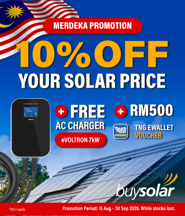 Merdeka Promotion — 10% off your solar price, plus a free eVoltron 7kW AC charger and an RM500 TnG eWallet voucher